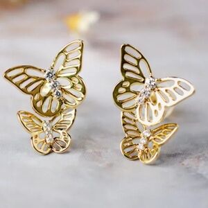 Lovely 18k Yellow Gold Over Sterling Silver White Sapphires Butterfly Studs